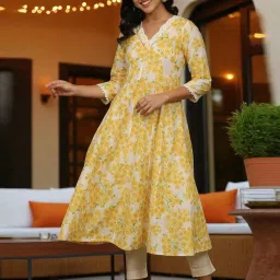 W for Woman White and Yellow Floral Printed Pure Cotton Flared Kurta image 1