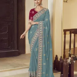 Odette Teal Georgette Embroidered Saree With Unstitched Blouse image 1