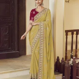 Odette Yellow Georgette Embroidered Saree With Unstitched Blouse image 1