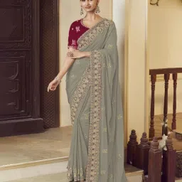 Odette Grey Georgette Embroidered Saree With Unstitched Blouse image 1