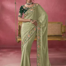 Odette Light Green Georgette Embroidered Saree With Unstitched Blouse image 1