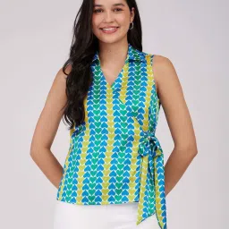 Fablestreet Blue & Yellow Printed Wrap Top image 1
