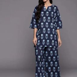 Libas Navy Blue Cotton Straight Fit Floral Print Night Suit-picture-24
