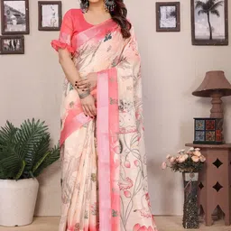 WOVENSTOCK Floral Zari Pure Linen Handloom Block Print Saree-picture-27