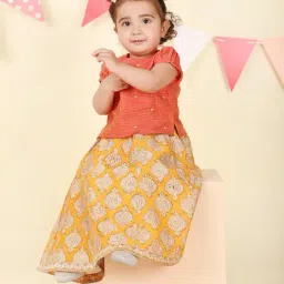 Fabindia Infant Girls Coral Cotton Silk Blend Hand Block Printed 2Pc Lehenga Set image 5