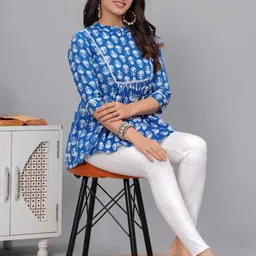 ARES VEILS Floral Printed Mandarin Collar A-line Short Kurti-image-3