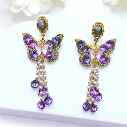 AVANT-GARDE PARIS Gold-Plated Stone Studded & Beaded Butterfly Shaped Drop Earrings-picture-9