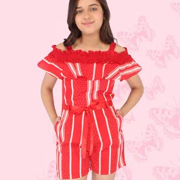 Cutecumber Half Sleeves Frill Neck Line Detailed Balanced Striped & Polka Dot Printed Cold Shoulder Jumpsuit - Red-picture-20