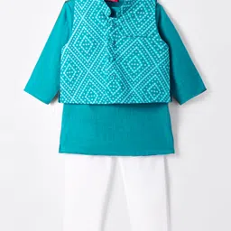 Exclusive from Jaipur Cotton Woven Full Sleeves Solid Color Kurta Pyjama Set with Bandhani Jacket - Teal Blue-picture-35