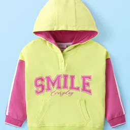 Babyhug Cotton Knit Full Sleeves Drop Shoulder Hooded Sweatshirt With Text Print & Kangaroo Pockets - Limegreen & Pink-picture-11