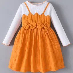 Kookie Kids Full Sleeves Winter Frock With Bow Applique - Brown & White-picture-18