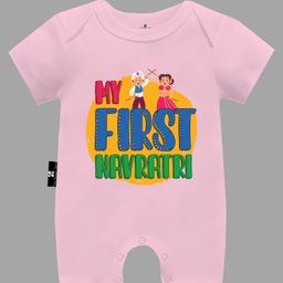 The Peppy Tend Navratri Theme 100% Cotton Half Sleeves My First Navratri Text Printed Romper -Pink-picture-9