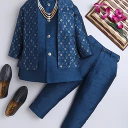 Ahhaaaa Brocade Full Sleeves Solid Kurta Pyjama With Sequin Embellished & Embroidered Jacket & Maala Set - Navy Blue-picture-17