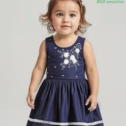 Babyoye Cotton Woven Sleeveless Party Dress With Floral Embroidery - Navy Blue-picture-23
