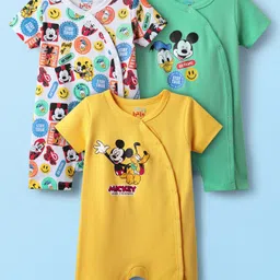 Babyhug Disney Interlock Knit Half Sleeves Rompers with Mickey Mouse & Friends Print Pack of 3 - White Green & Yellow-picture-10