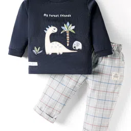 First Smile Interlock Knit Woven Full Sleeves Tshirt with Side Button & Checked Pant Set with Dino Embroidery - Navy Blue-picture-20