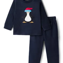 Kanvin Fleece Knit Full Sleeves Antipilling Winter Night Suit with Penguin Patch Embroidery - Navy Blue-image-59