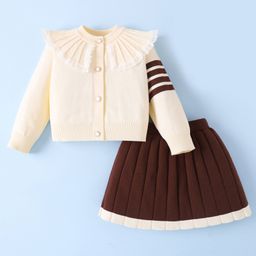 Mark & Mia Viscose Full Sleeves Front Open Pullover Sweater & Skirt Set with Frill Detailing - Beige & Brown-picture-9