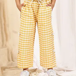 NEUDIS Cotton Blend Woven Gingham Checked Wide Legged Pants - Yellow & White-picture-23