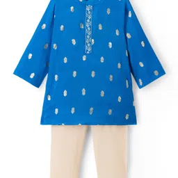 Babyhug Woven Full Sleeves Kurta Pajama Set With Floral Foil Print - Blue-picture-14
