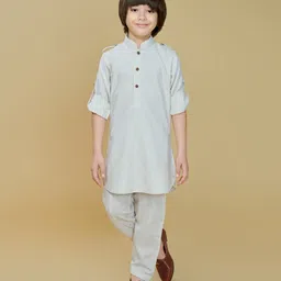 Ministitch Cotton Woven Full Sleeves Textured Pathani Kurta & Pant Set - Off White-picture-33