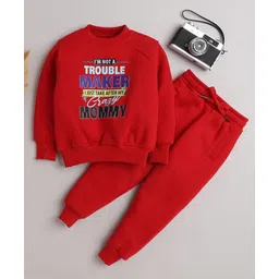 Knitting Doodles Fleece Woven Full Sleeves I M Not A Troublemaker Text Printed Sweatshirt With Joggers Set - Red-picture-25