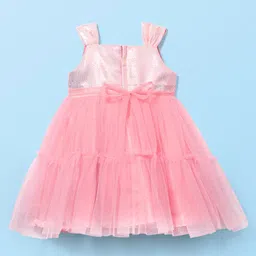 Babyhug Woven Sleeveless Mesh Party Dress With Bow Applique - Peach image 2