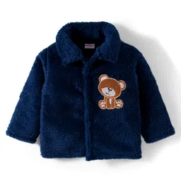 Babyhug Velour Knit Front Open Full Sleeves Night Suit with Animal Applique - Navy Blue image 2