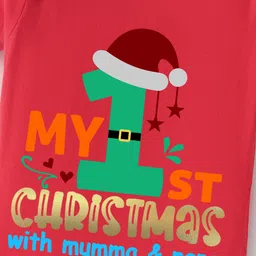 BLUSHES Christmas Theme 100% Cotton Half Sleeves My 1st Christmas Text Printed Onesie - Red image 4