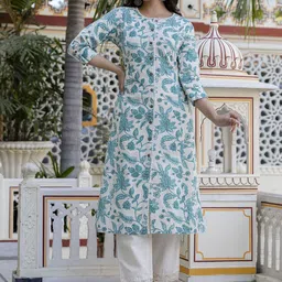 Pistaa Floral Printed Round Neck Pure Cotton A-Line Kurta with Trouser image 2