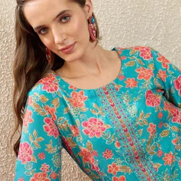 Indo Era Women Floral Printed Thread Work Floral Kurta-image-56