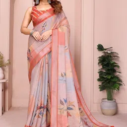 you shop we ship Floral Linen Blend Saree-picture-28
