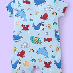 Babyhug 100% Cotton Knit Half Sleeves Rompers with Sea Life Print & Stripes Pack of 2 - White & Light Blue image 5