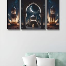 SAF Blue & White 3 Pieces Islamic Mosque & Crescent Moon Printed Wooden Wall Arts-picture-26
