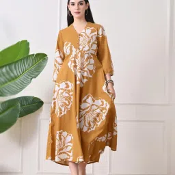 DECKEDUP Mustard Cotton Printed A-Line Dress image 1
