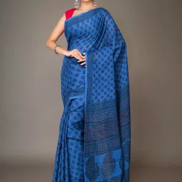 Unnati Silks Blue Cotton Printed Saree With Unstitched Blouse image 1