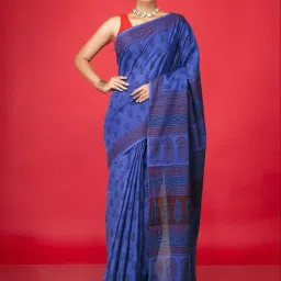 Unnati Silks Blue Cotton Printed Saree With Unstitched Blouse image 1