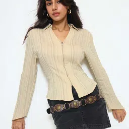 The Souled Store Zipper Shirt: Crema Women Fitted Shirts image 1
