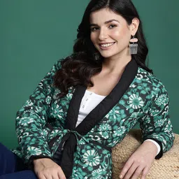 Sangria Women Floral Printed Quilted Jacket with Tie Up Detail-image-80