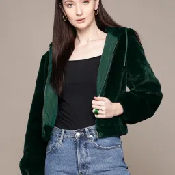 Label Ritu Kumar Emerald Green Solid Hooded Jacket image 1