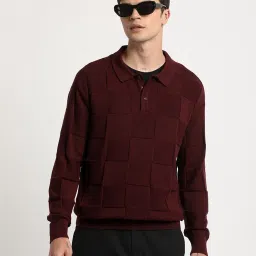 The Bear House Maroon Cotton Regular Fit Checks Polo T-Shirt image 1