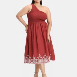 VIRGIO Rust Flared Fit Embroidered Dress image 1