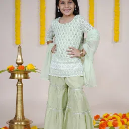 Kiddopanti Girls Light Green Embellished Kurta, Sharara with Dupatta image 1