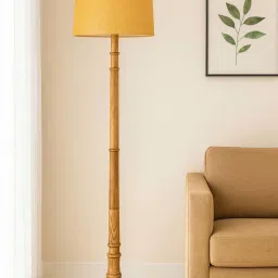 Homesake Rustic Wood Floor Lamp with Yellow Shade & Dome Base for Living Room & Bedroom image 1