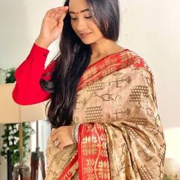 Blissta Beige & Red Woven Saree With Unstitched Blouse image 2