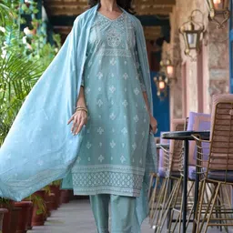 KSUT Women Floral Pure Cotton Kurta with Trousers & With Dupatta-picture-28