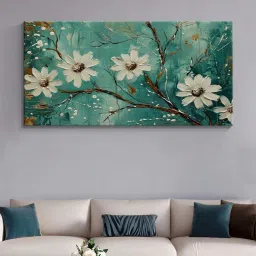 999Store Teal & White Canvas Blooming Flowers Painting image 1