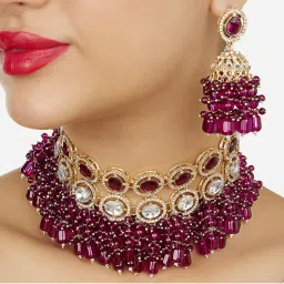 Zaveri Pearls Purple Stones Diamonds Clustered Beads Necklace and Earrings-picture-19