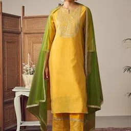 HERE&NOW Women Ethnic Motifs Embroidered Regular Thread Work Chanderi Cotton Kurta with Trousers & With image 2