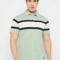 Duke Sage Green Slim Fit Striped Shirt-image-1
